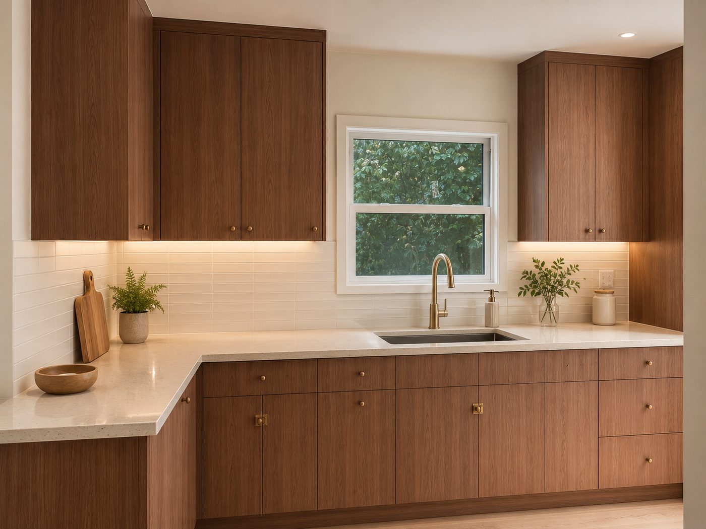 Oak kitchen with quartz countertops and a window over the sink.