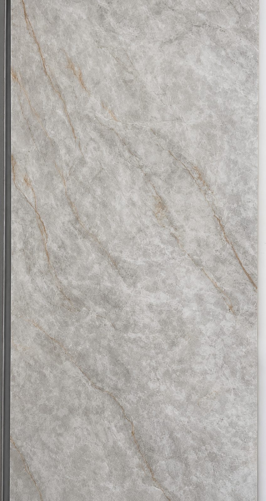 Crystalline white New Taj Mahal quartzite with subtle gold veins. — full slab