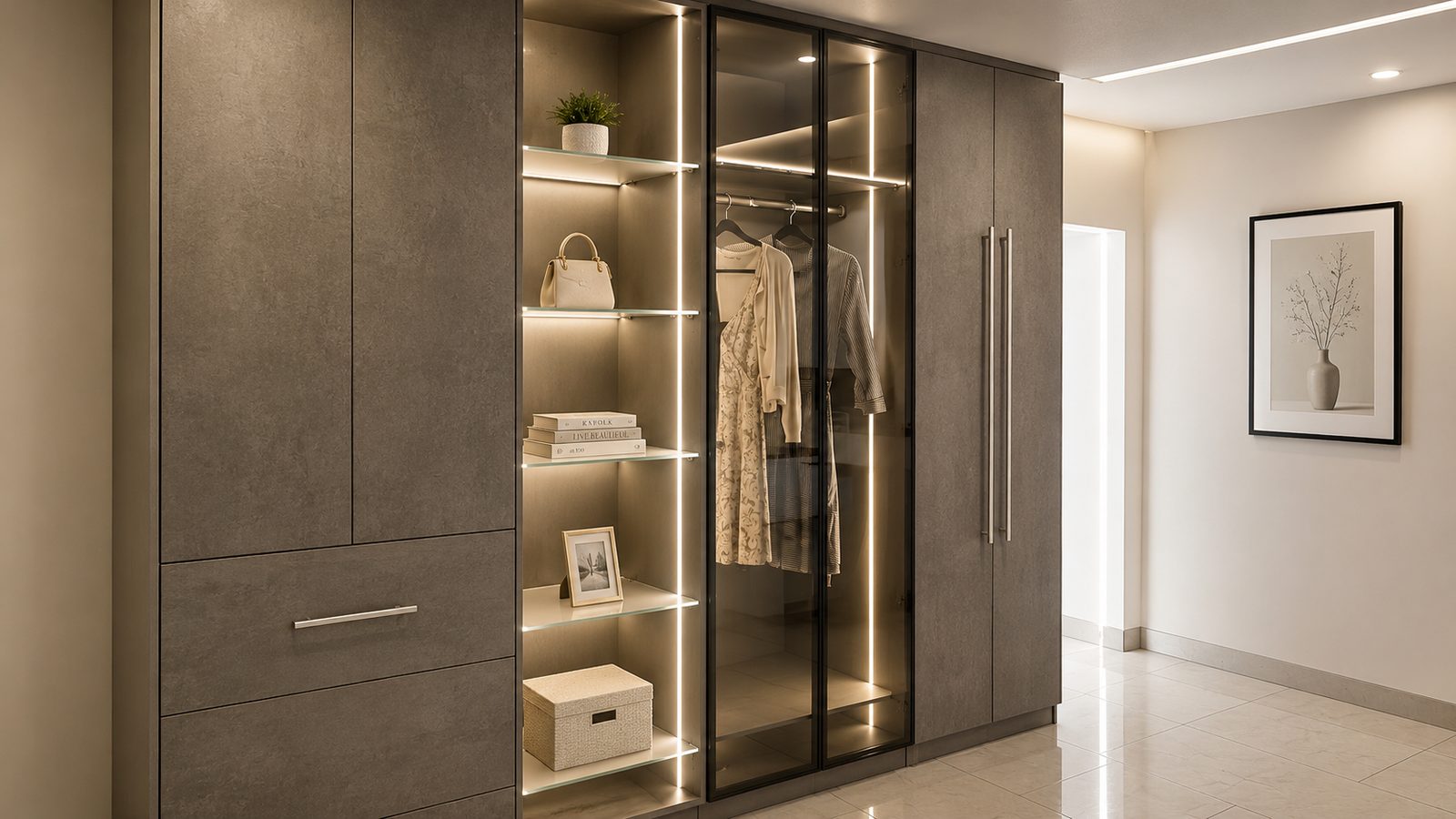 Cement-gray wardrobe with a glass display cabinet, LED shelving, and tall hinged doors.