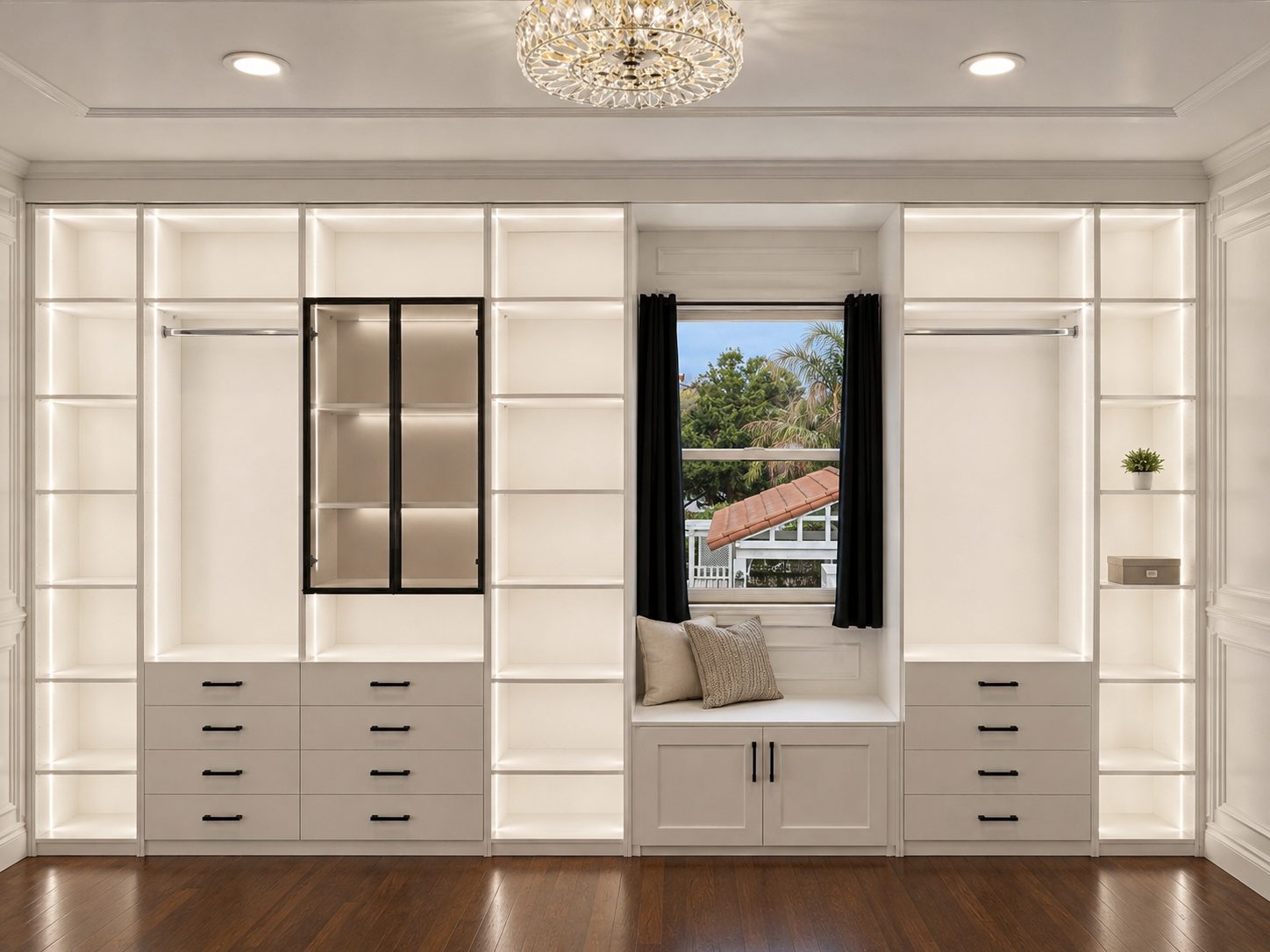 White built-in wardrobe wall with LED-lit shelving, drawers, and a cushioned window seat.